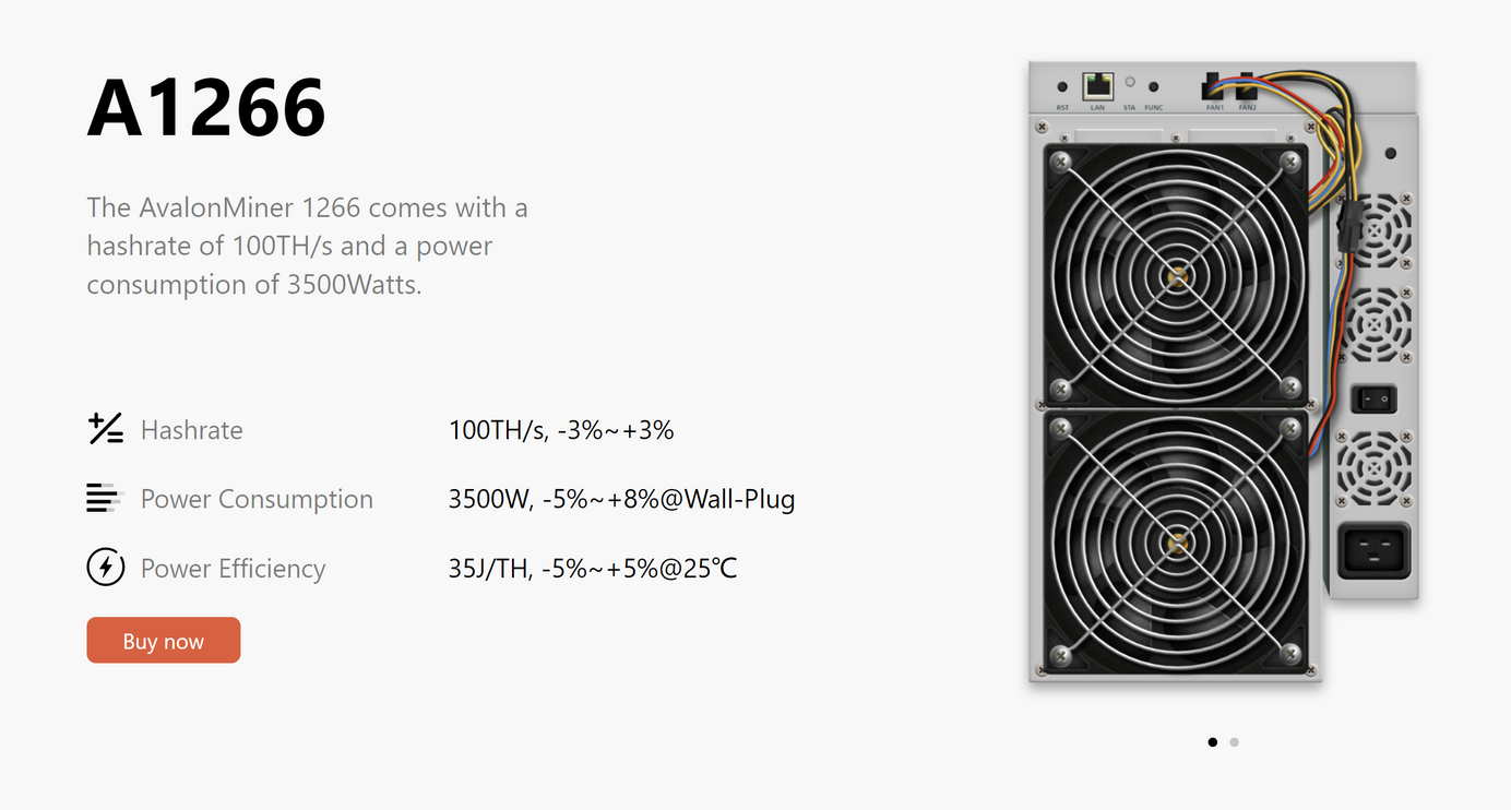 Canaan's latest bitcoin miner, the Avalon 1266 | Source: Canaan
